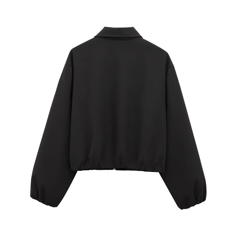 Veste Courte Femme Noire avec Col - Blouson Fermeture Éclair