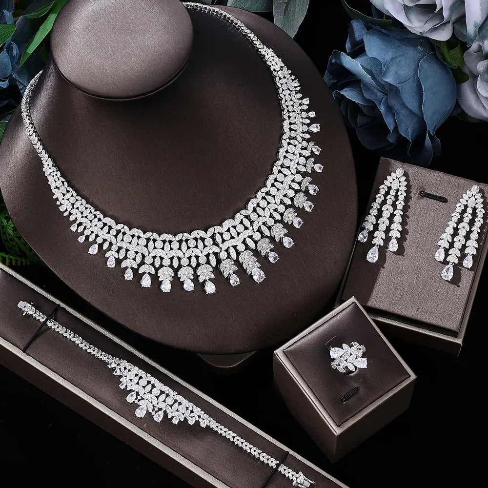 Ensemble de bijoux de mariée de luxe avec zircon cubique contre-indiqué, 4 pièces, vente chaude, Dubaï, 2024