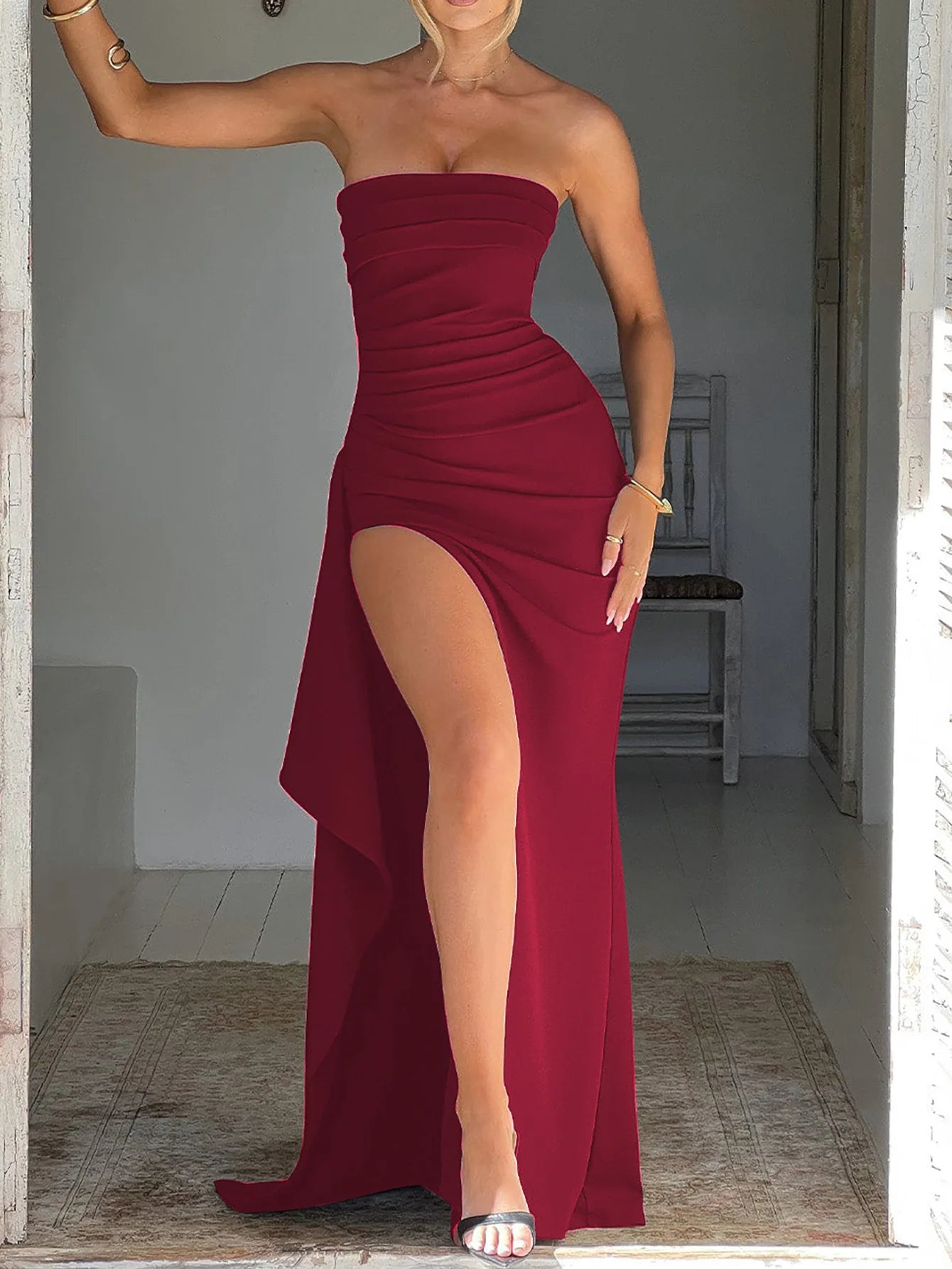 Robe Maxi fendue, épaules dénudées, élégante, taille haute, tenue de Club pour femmes, Sexy, sans bretelles, robe froncée