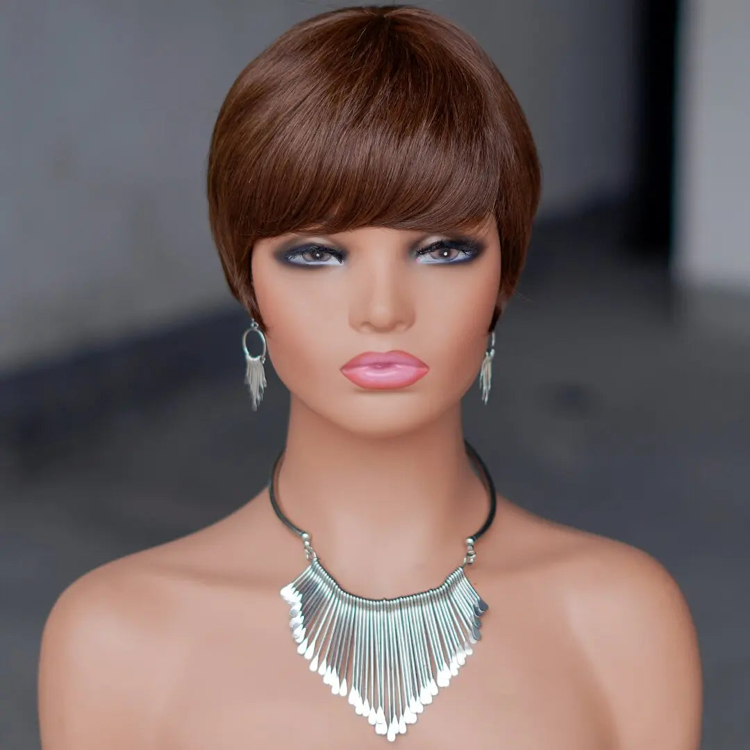 Perruque Naturelle Courte avec Frange pour Femme Noire, Cheveux Lisses, Coupe Pixie, Faite à la Machine, Bon Marché