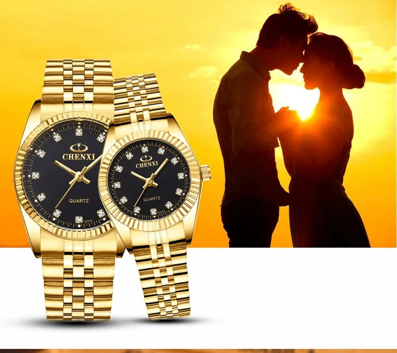 CHENghts-Montre de couple à quartz en acier inoxydable doré pour femme, horloge de luxe