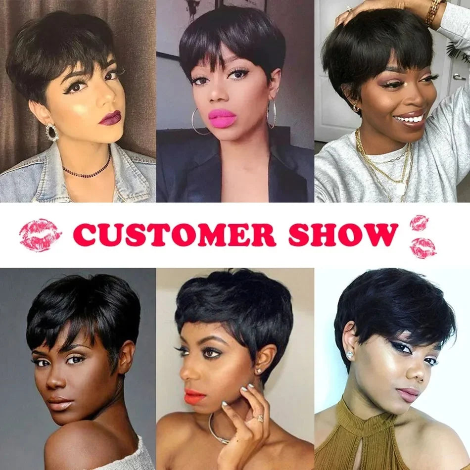 Perruque Naturelle Courte avec Frange pour Femme Noire, Cheveux Lisses, Coupe Pixie, Faite à la Machine, Bon Marché