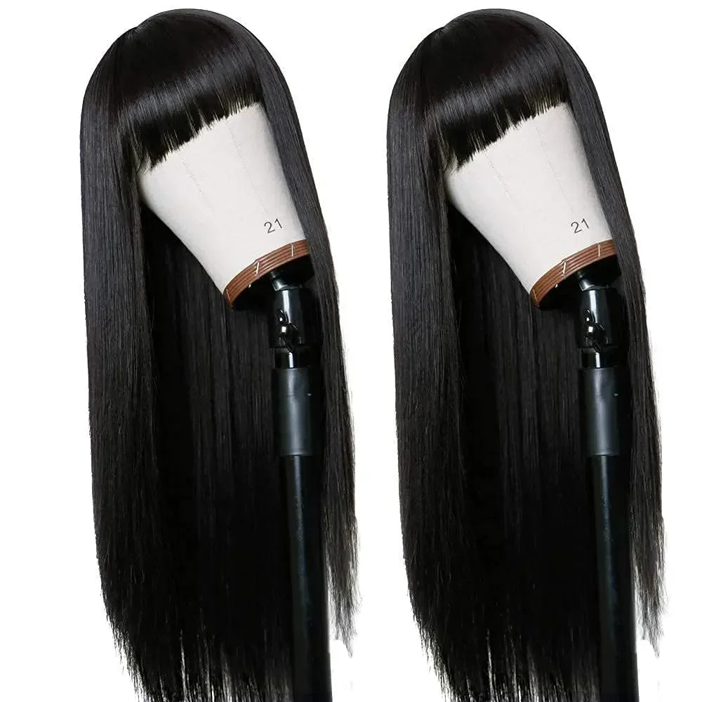 Perruques synthétiques Remy longues et lisses, perruque en Fiber noire naturelle résistante à la chaleur avec frange, pe