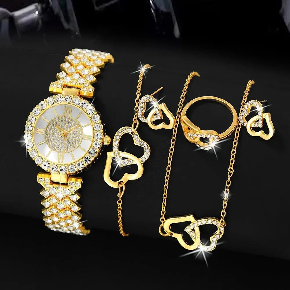 Ensemble de montre-bracelet à quartz pour femme, horloge pour femme, cadran romain, design de marque de luxe, décontracté, 6 pièces - Lencensa