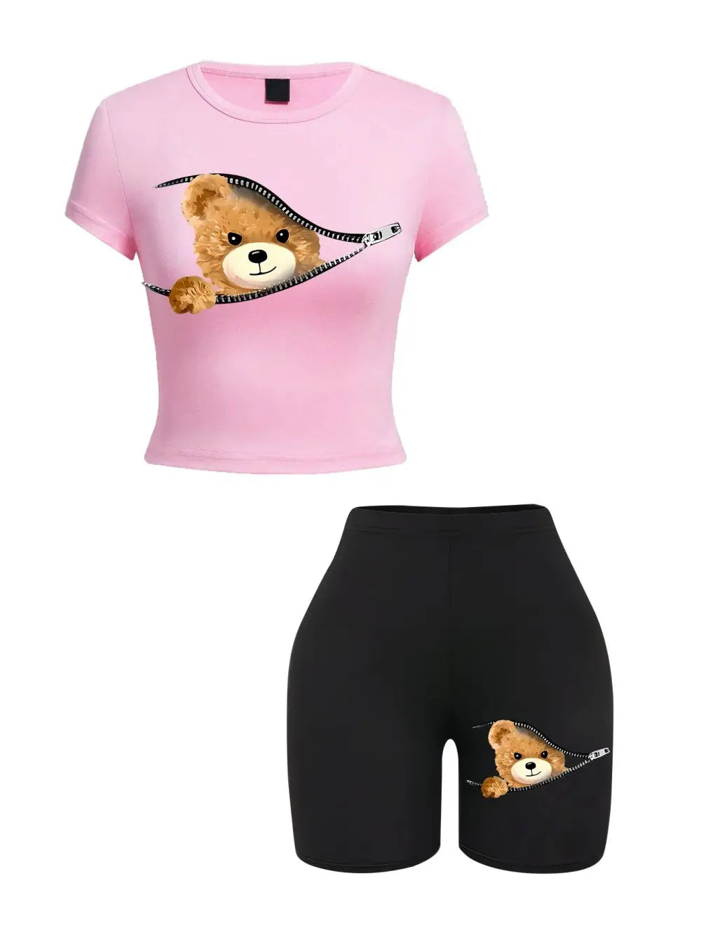 Ensemble 2 pièces de t-shirts courts minces pour femmes, un ours en peluche émerge des College à fermeture éclair, vêtements de sport à haute élasticité, t-shirts et shorts doux