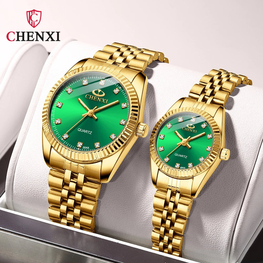 CHENghts-Montre de couple à quartz en acier inoxydable doré pour femme, horloge de luxe