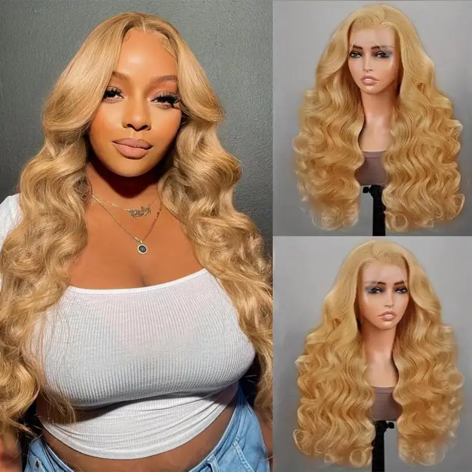 Perruque Lace Front Wig Body Wave brésilienne naturelle, cheveux humains, couleur blond miel, 13tage, #27, 13x6, pre-plucked, pour femmes