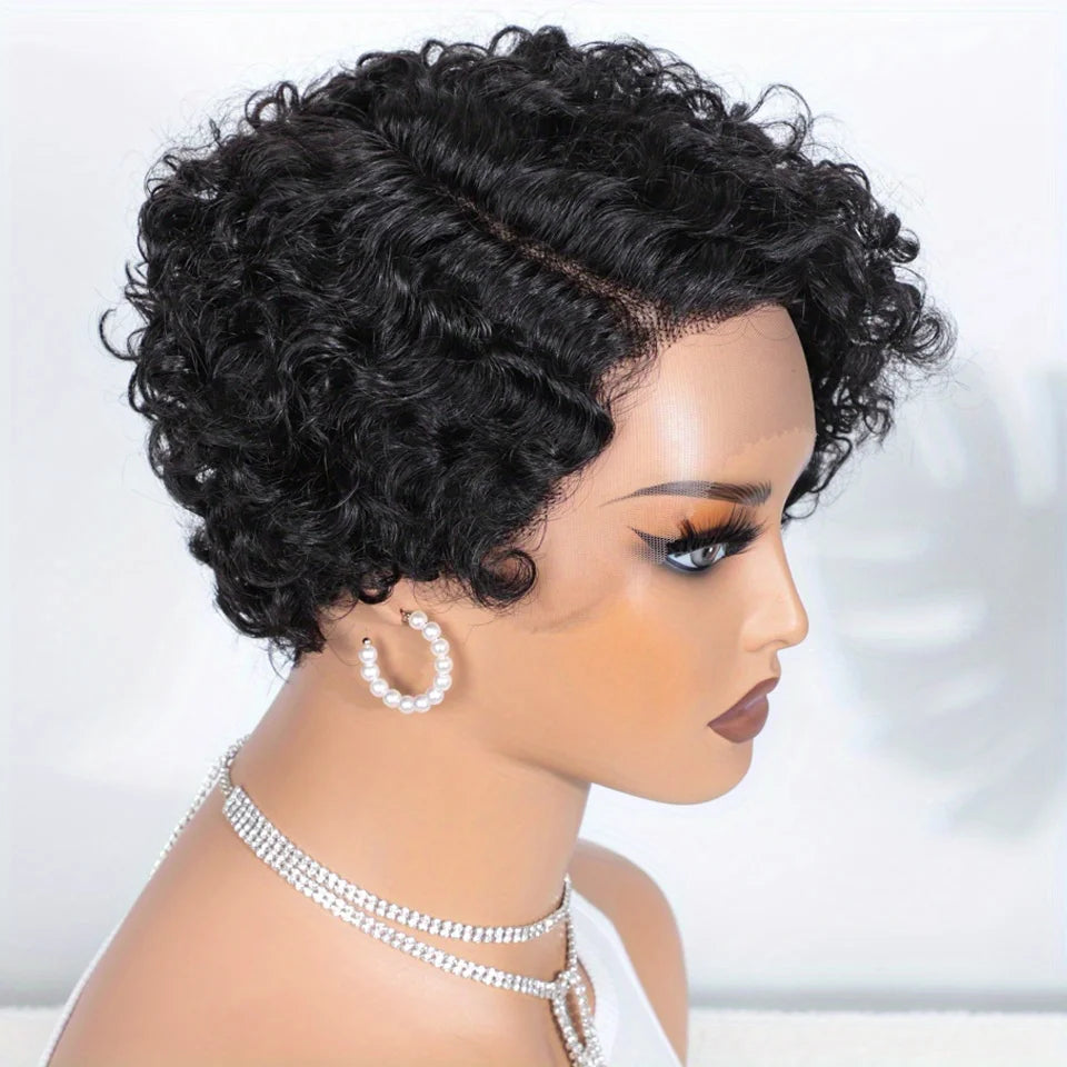 Cheveux brésiliens coupe lutin courte bouclée Bob perruque 13x6x1 t-lace avant perruque de cheveux humains profond bouclés Transparent dentelle partie perruques pour les femmes