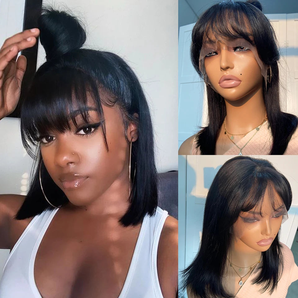 Perruque Bob Lace Front Wig naturelle péruvienne, cheveux courts et lisses, avec frange, cheveux Remy brésiliens, partie facile, pour femmes