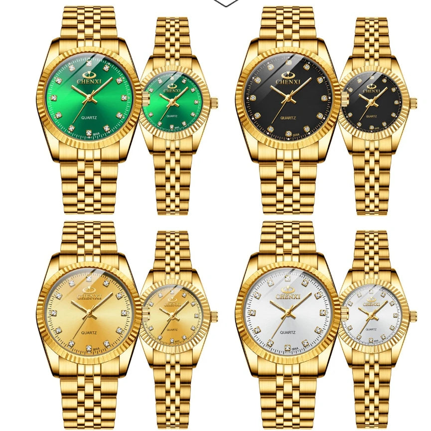 CHENghts-Montre de couple à quartz en acier inoxydable doré pour femme, horloge de luxe