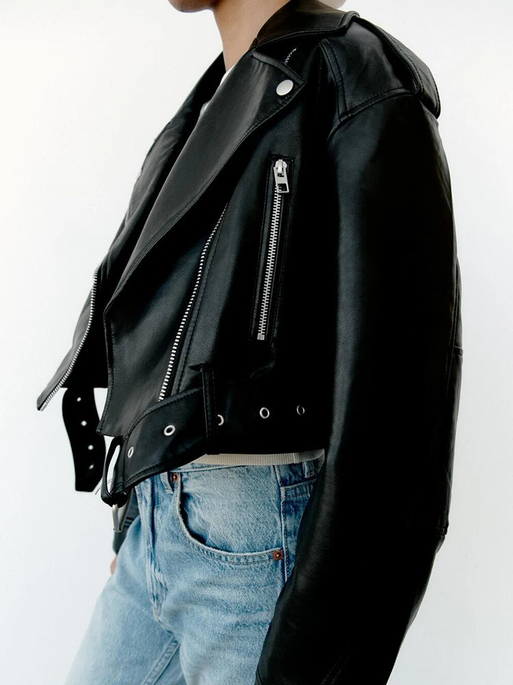 Veste Femme en Faux Cuir avec Ceinture - Style Motard Printemps Automne