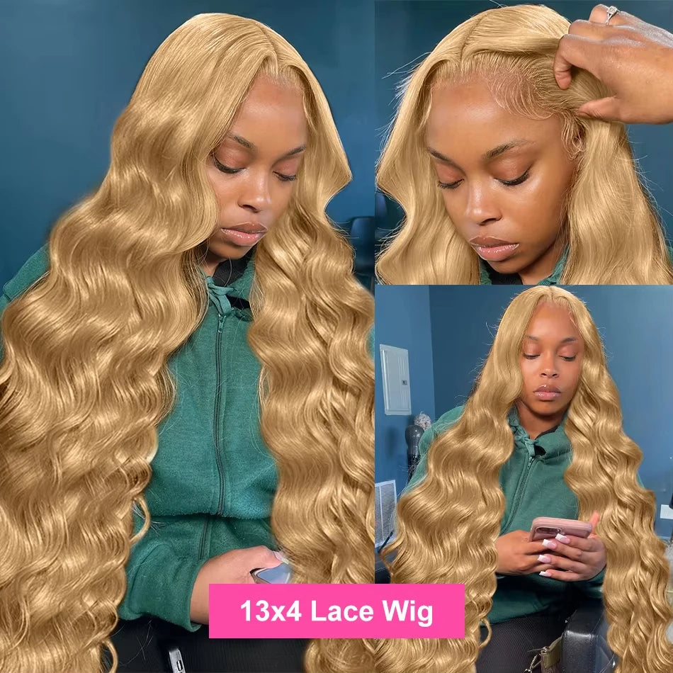 Perruque Lace Front Wig Body Wave brésilienne naturelle, cheveux humains, couleur blond miel, 13tage, #27, 13x6, pre-plucked, pour femmes