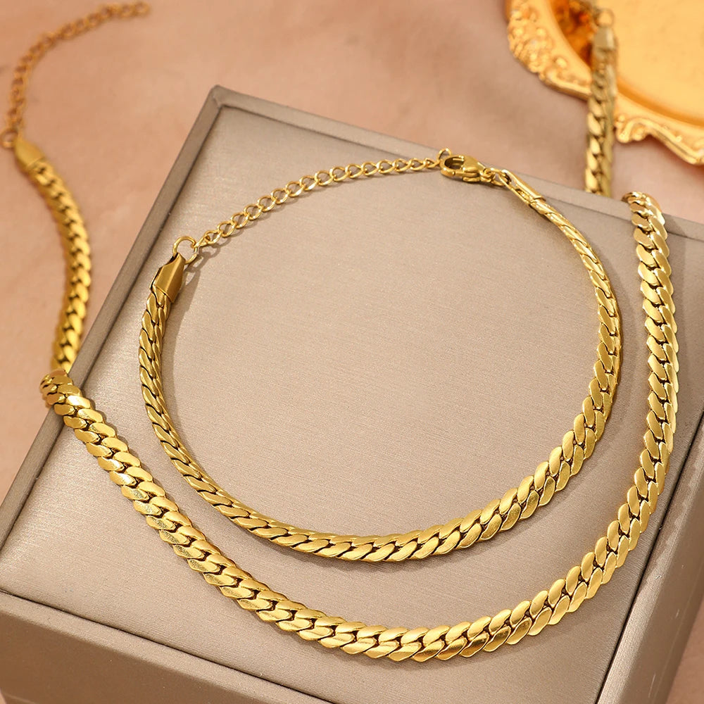 DOTIFI acier inoxydable Simple plat chaîne cubaine Bracelet collier ensemble de bijoux plaqué or 18 carats mode chaîne épaisse bijoux de mode