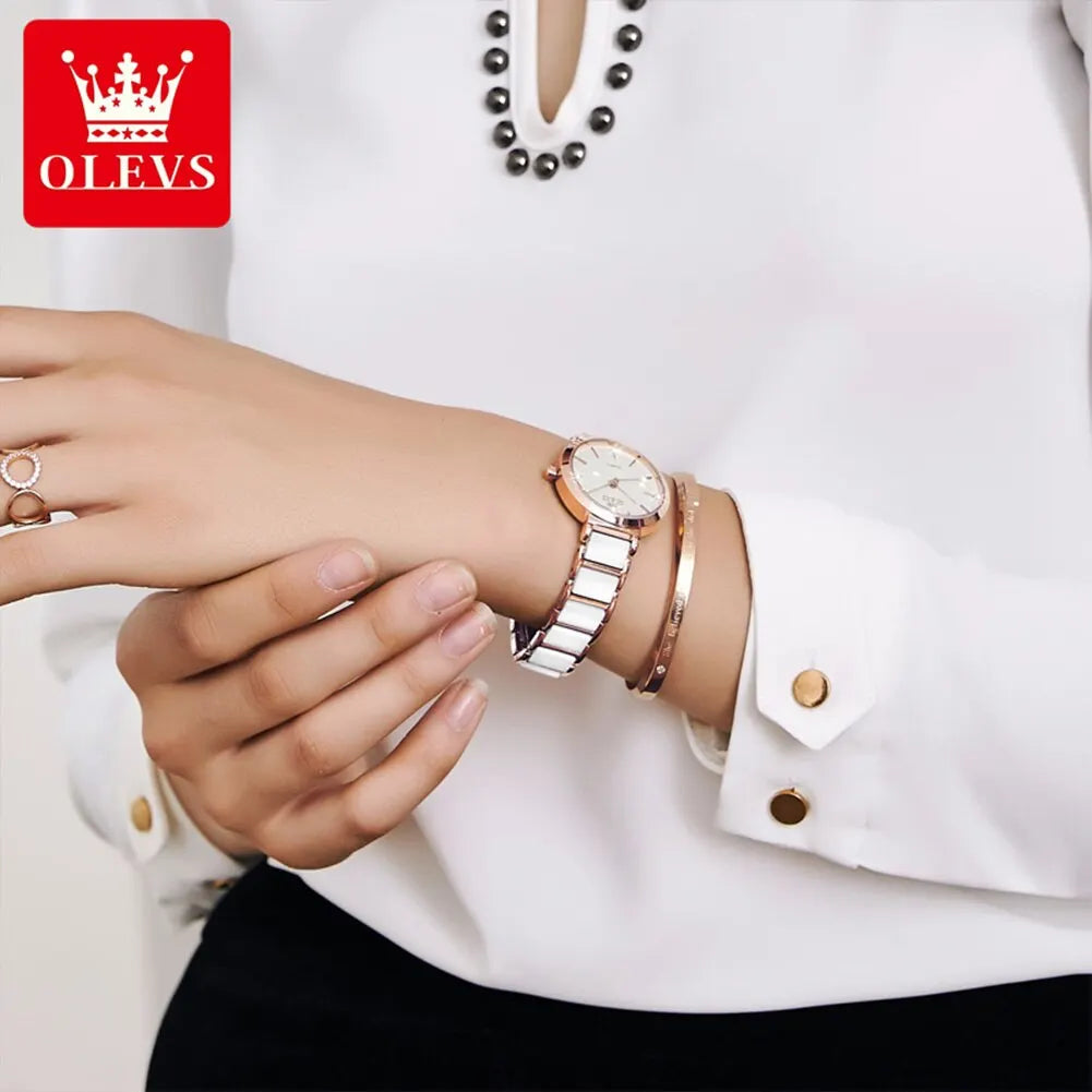 OLEVS-Montre-bracelet de luxe en or rose pour femme, montre-bracelet à quartz pour femme, horloge à bracelet en céramique, mode féminine