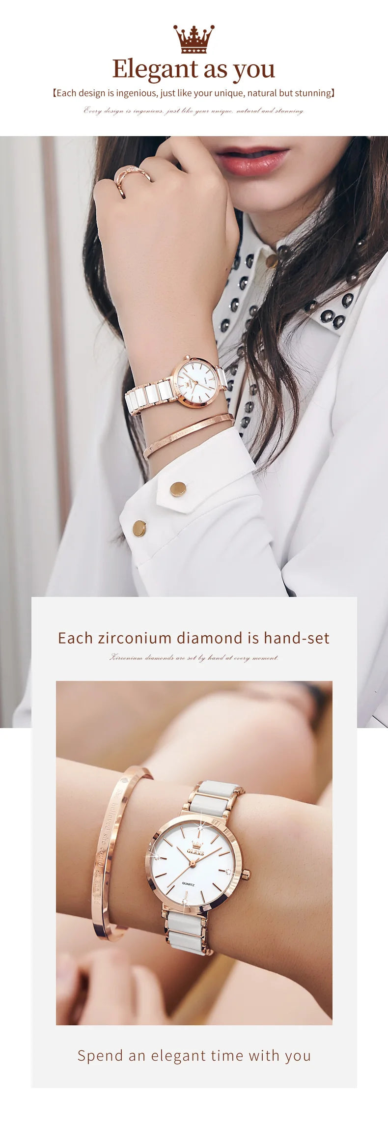 OLEVS-Montre-bracelet de luxe en or rose pour femme, montre-bracelet à quartz pour femme, horloge à bracelet en céramique, mode féminine