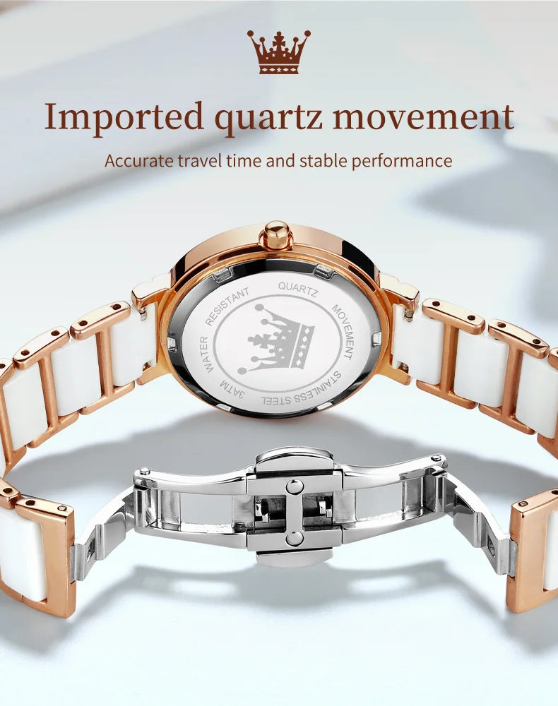 OLEVS-Montre-bracelet de luxe en or rose pour femme, montre-bracelet à quartz pour femme, horloge à bracelet en céramique, mode féminine