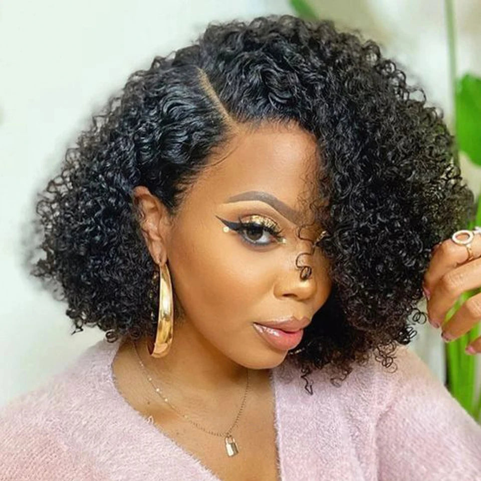 Perruque Bob Lace Wig Péruvienne Naturelle pour Femme Africaine, Cheveux Crépus Bouclés, Deep Curly, Baby Hair, Pixie Water Wave