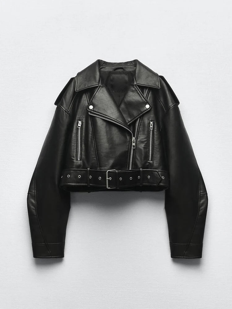Veste Femme en Faux Cuir avec Ceinture - Style Motard Printemps Automne