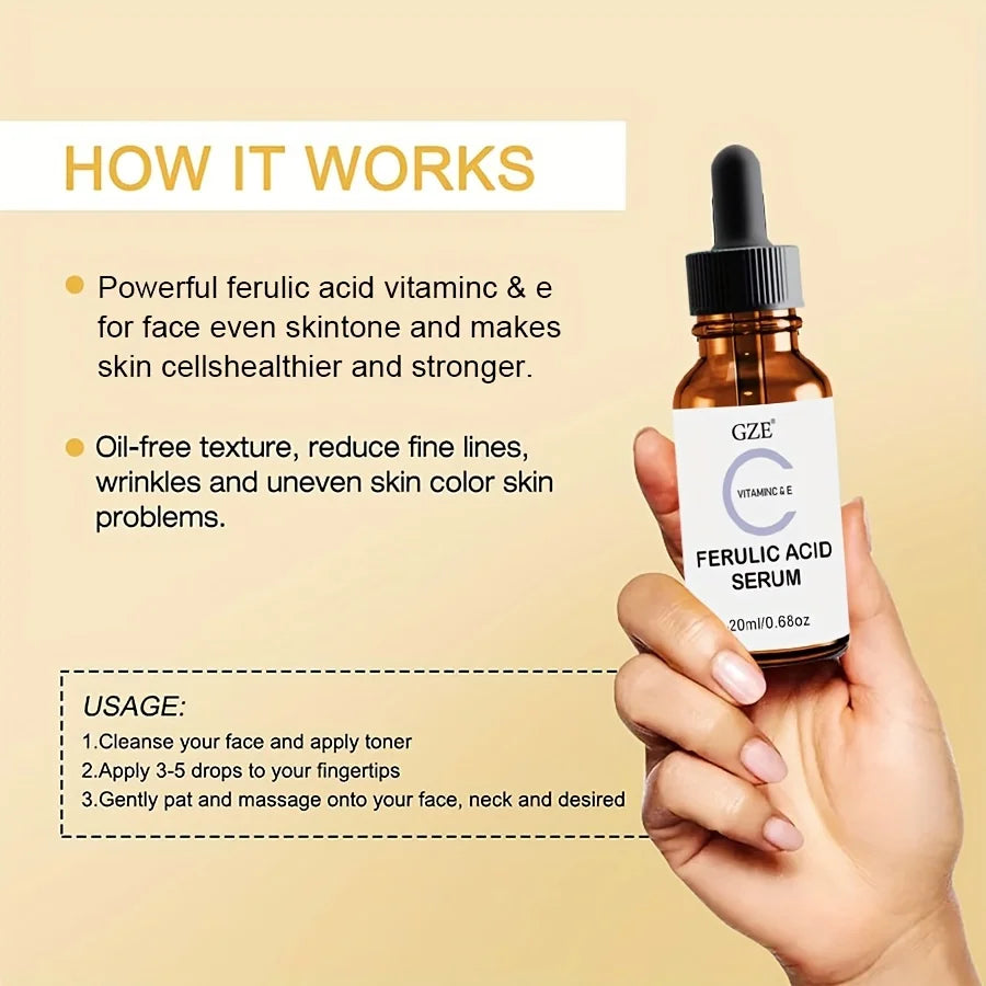 Sérum pour le visage ferulique GZE avec vitamine C, vitamine E et acide absorbant - vous fait paraître plus jeune, Essence éclaircissante pour le visage
