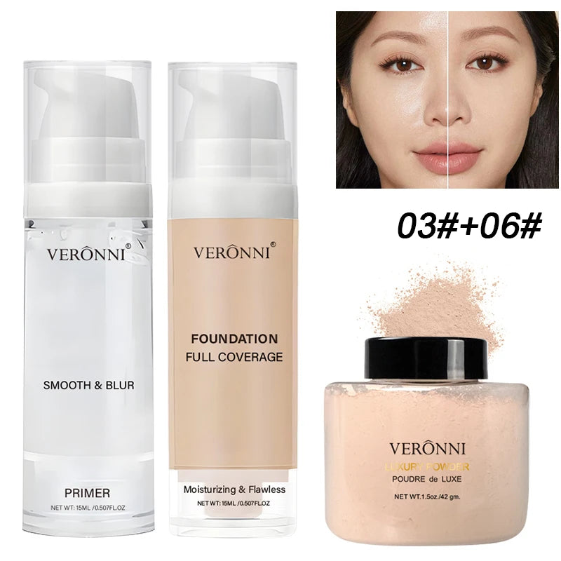 Kit de maquillage pour le visage, 3 pièces, comprend un fond de teint liquide à couverture complète de 15ml, primaire de maquillage hydratant et une poudre libre, résistant à la sueur