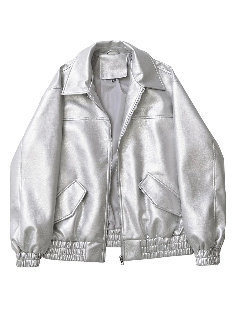 Ailegogo streetwear femmes Vintage Loose court pu faux cuir veste printemps automne femmes zip manteau Vintage moto vélo manteau
