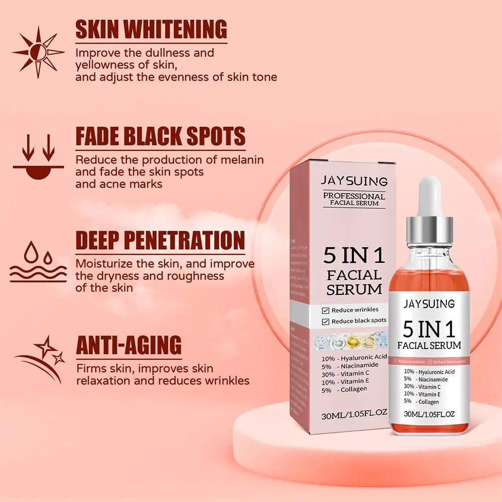 Sérum visage 5 en 1, hydratant, blanchissant, anti-déformable, anti-âge, vitamine C et acide hyaluronique pour réduire les pores, 30ml