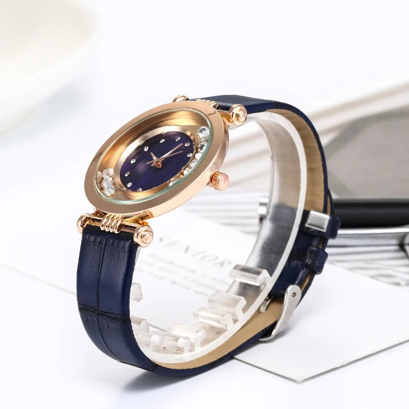 Montre à Quartz Analogique avec Ceinture en Cuir et Diamant pour Femme, Accessoire de Luxe