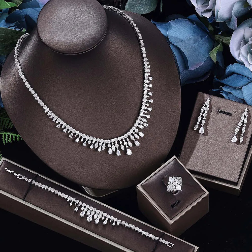 Ensemble de bijoux de mariée de luxe avec zircon cubique contre-indiqué, 4 pièces, vente chaude, Dubaï, 2024