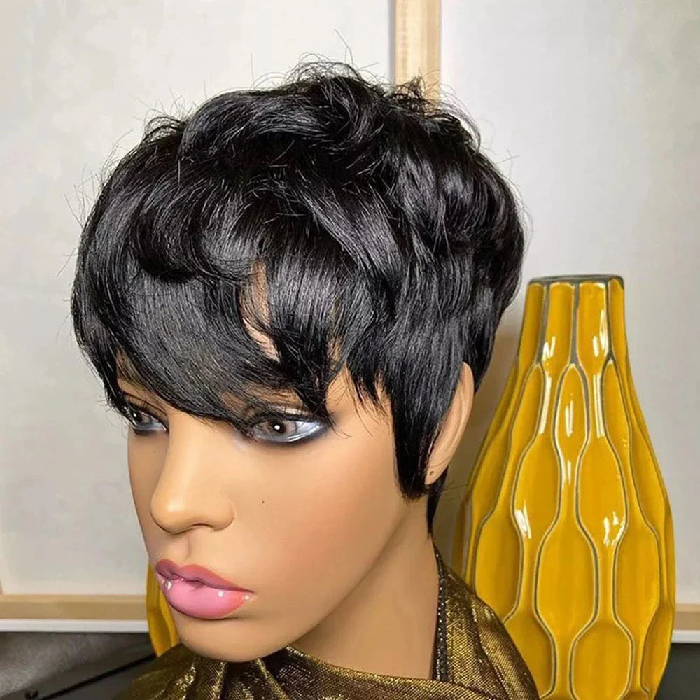 Perruque Naturelle Courte avec Frange pour Femme Noire, Cheveux Lisses, Coupe Pixie, Faite à la Machine, Bon Marché