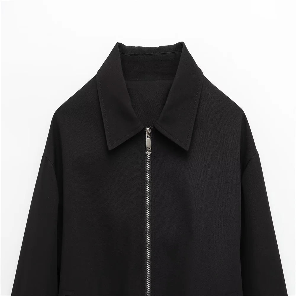 Veste Courte Femme Noire avec Col - Blouson Fermeture Éclair