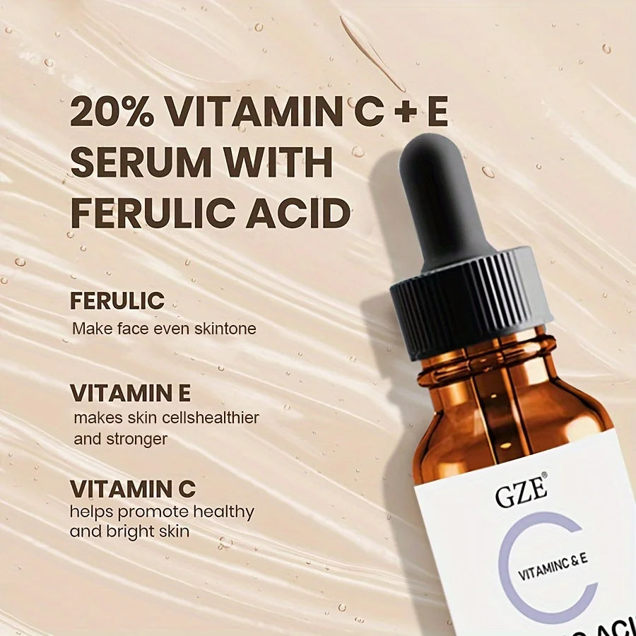 Sérum pour le visage ferulique GZE avec vitamine C, vitamine E et acide absorbant - vous fait paraître plus jeune, Essence éclaircissante pour le visage