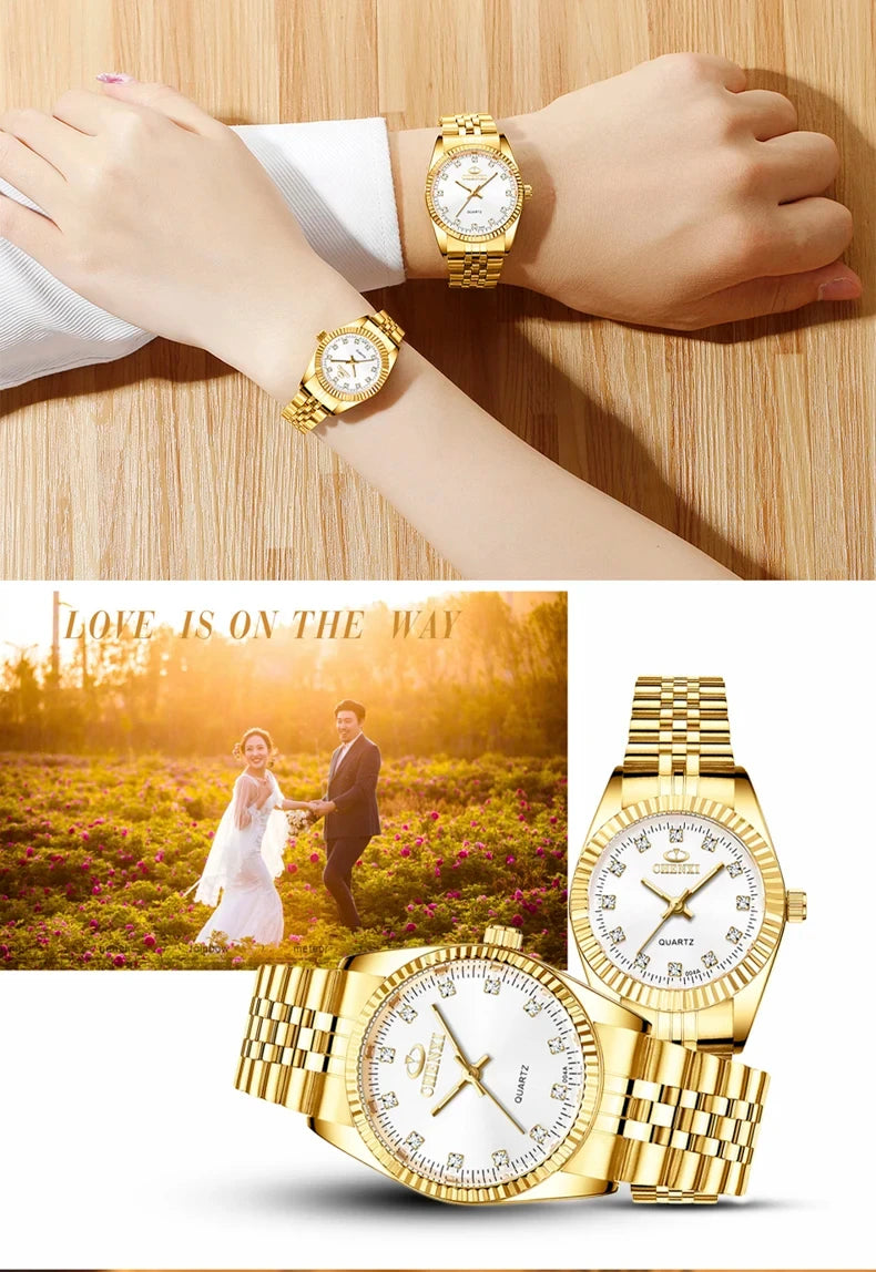 CHENghts-Montre de couple à quartz en acier inoxydable doré pour femme, horloge de luxe