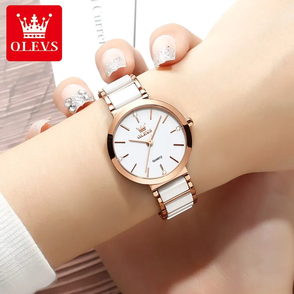 OLEVS-Montre-bracelet de luxe en or rose pour femme, montre-bracelet à quartz pour femme, horloge à bracelet en céramique, mode féminine