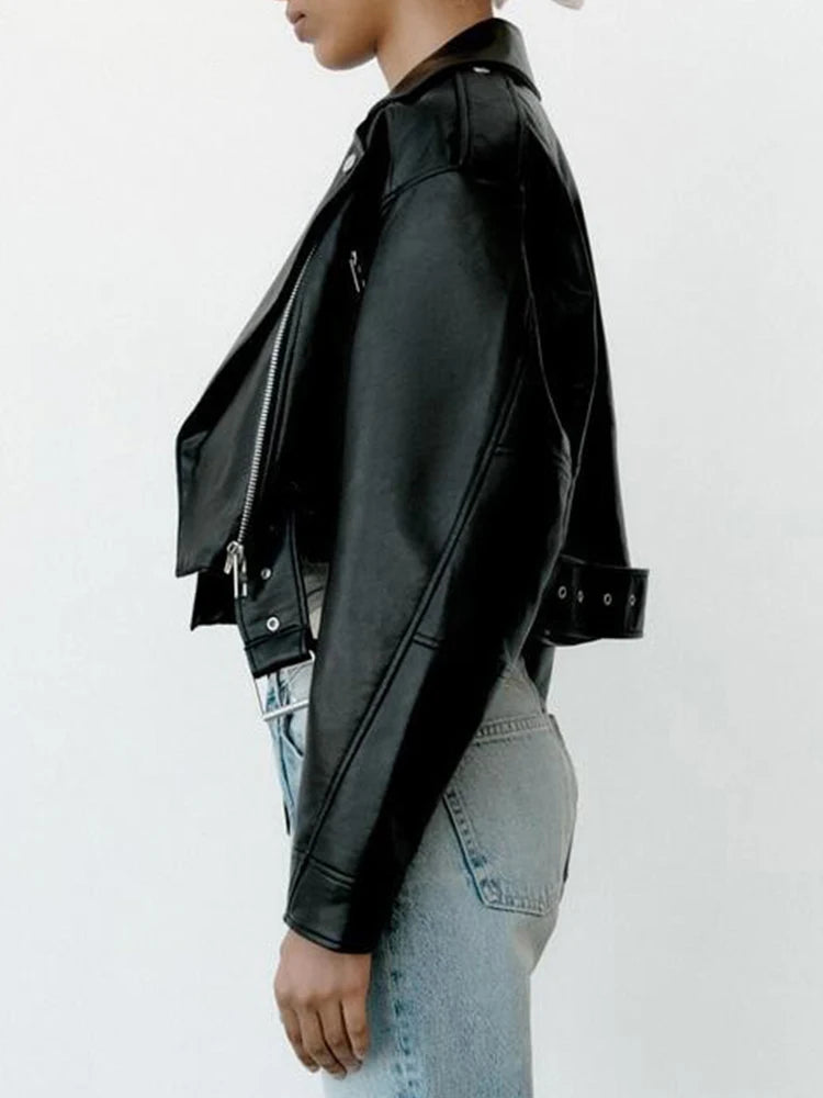 Veste Femme en Faux Cuir avec Ceinture - Style Motard Printemps Automne