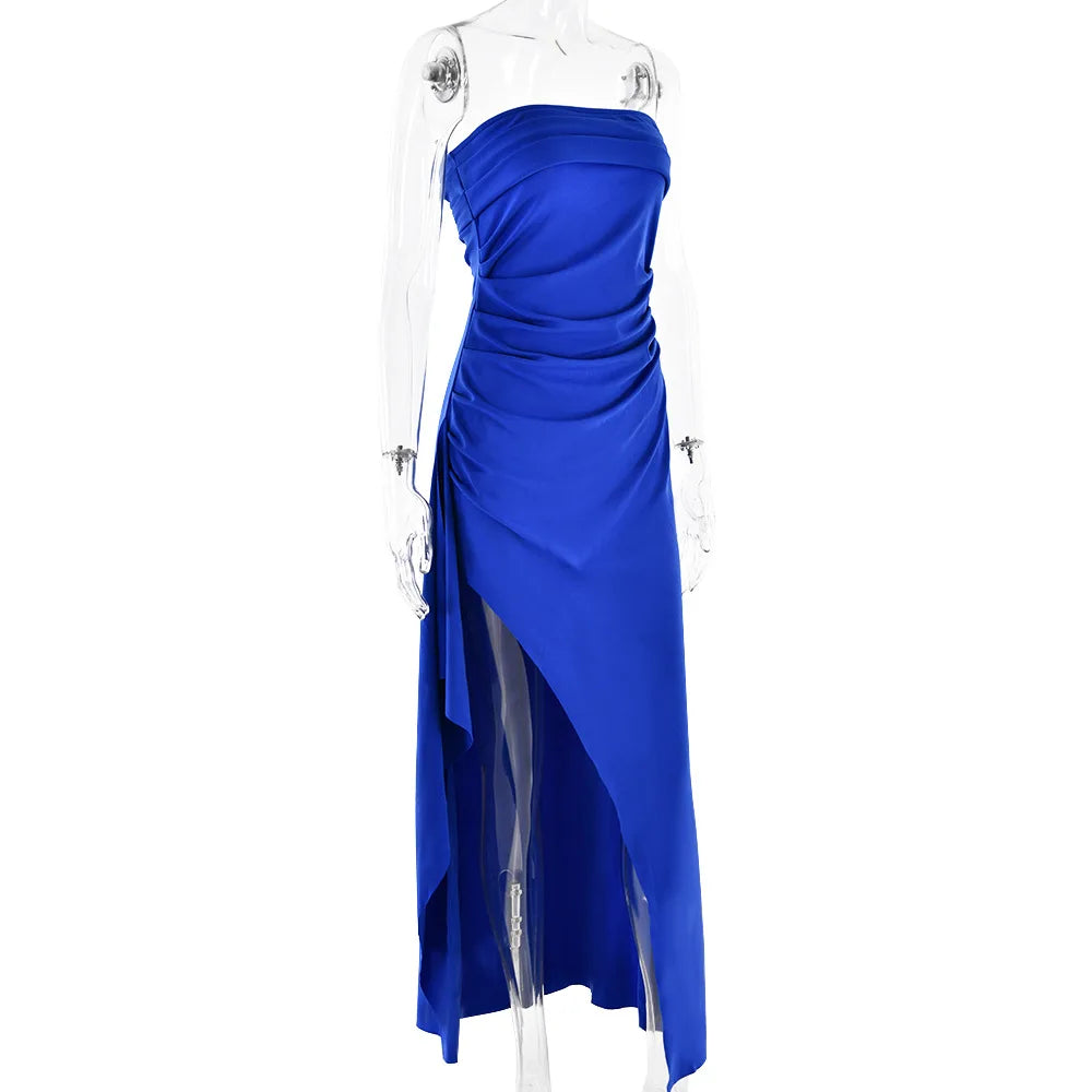 Robe Maxi fendue, épaules dénudées, élégante, taille haute, tenue de Club pour femmes, Sexy, sans bretelles, robe froncée