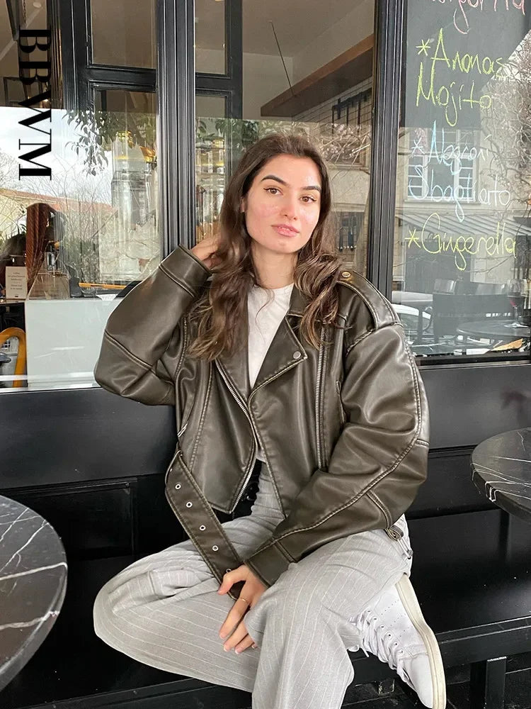 Veste Courte Femme en Similicuir avec Ceinture - Style Motard Vintage