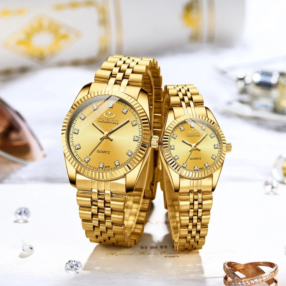 CHENghts-Montre de couple à quartz en acier inoxydable doré pour femme, horloge de luxe