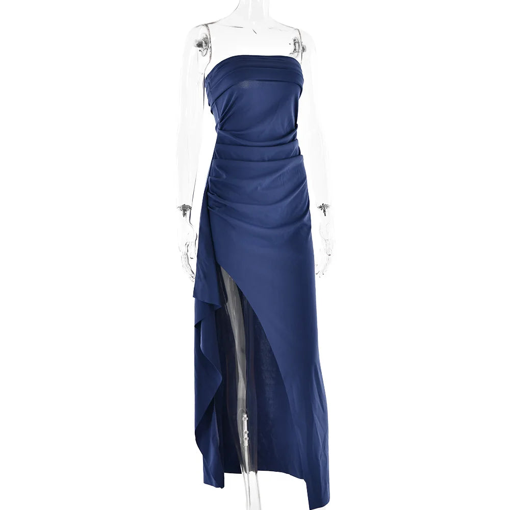 Robe Maxi fendue, épaules dénudées, élégante, taille haute, tenue de Club pour femmes, Sexy, sans bretelles, robe froncée