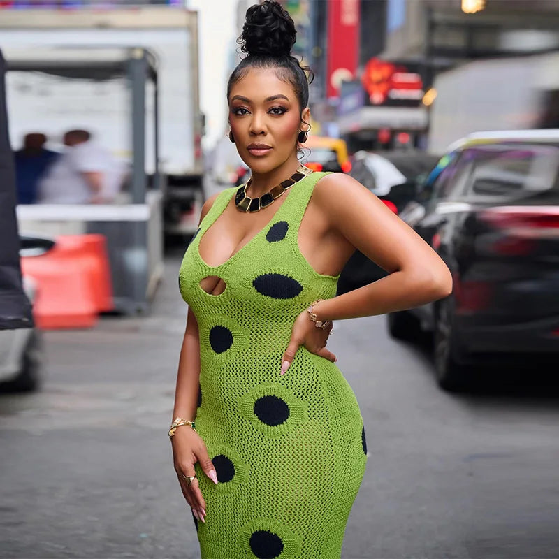 Femmes Sexy voir à travers tricoté Maxi robe évider col profond Pot Robes gland ourlet fourchette fête robes 2025 nouvelle dame Club robe
