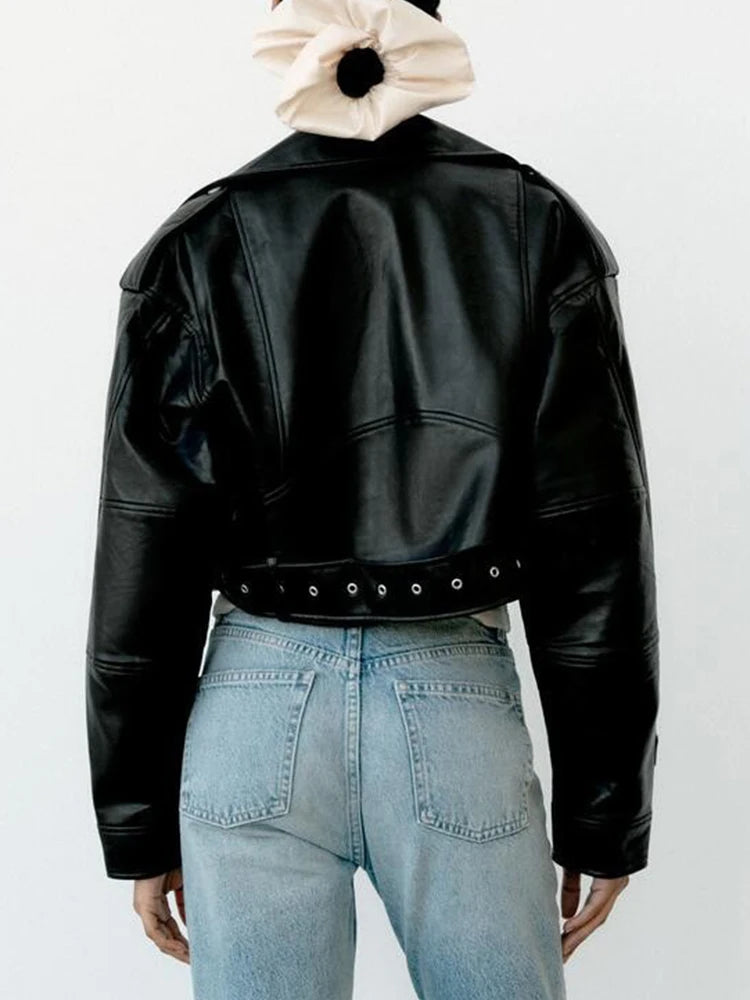 Veste Femme en Faux Cuir avec Ceinture - Style Motard Printemps Automne