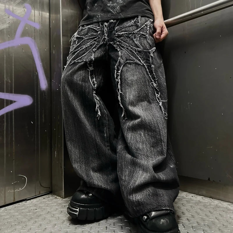 Lencensa - Jean Y2K Phantom Premium | Streetwear Gothique Brodé de Qualité Supérieure