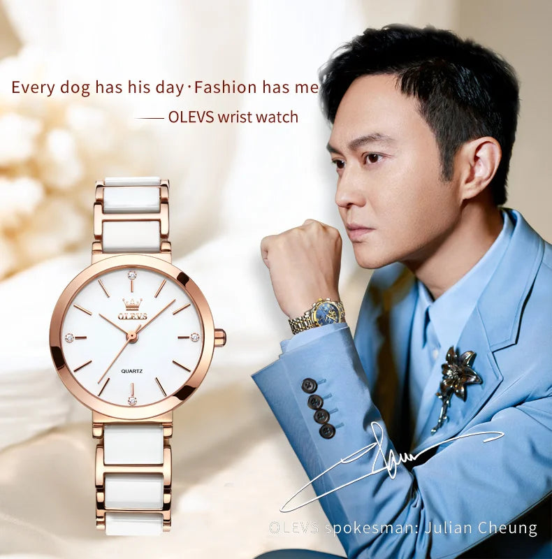 OLEVS-Montre-bracelet de luxe en or rose pour femme, montre-bracelet à quartz pour femme, horloge à bracelet en céramique, mode féminine