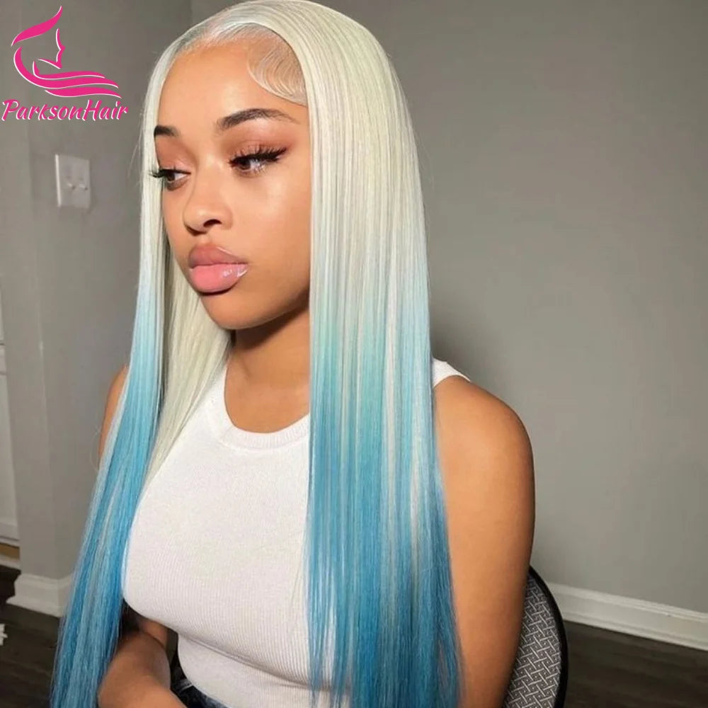 Perruque Lace Front Brésilienne Naturelle, Cheveux Lisses à Reflets, Couleur Bleue, Blanche Dégradé, 13x4, 13x6, HD, Transparent, Pre-Plucking, pour Femme - Lencensa
