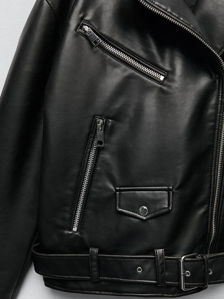 Veste Cuir Premium Femme - Blouson Motard Noir Haute Qualité avec Ceinture
