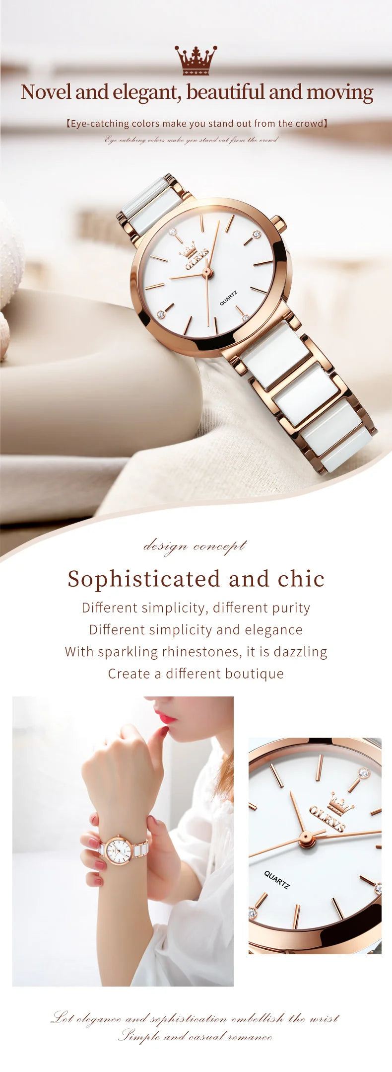 OLEVS-Montre-bracelet de luxe en or rose pour femme, montre-bracelet à quartz pour femme, horloge à bracelet en céramique, mode féminine