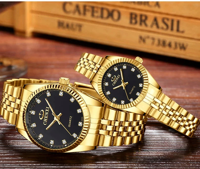 CHENghts-Montre de couple à quartz en acier inoxydable doré pour femme, horloge de luxe