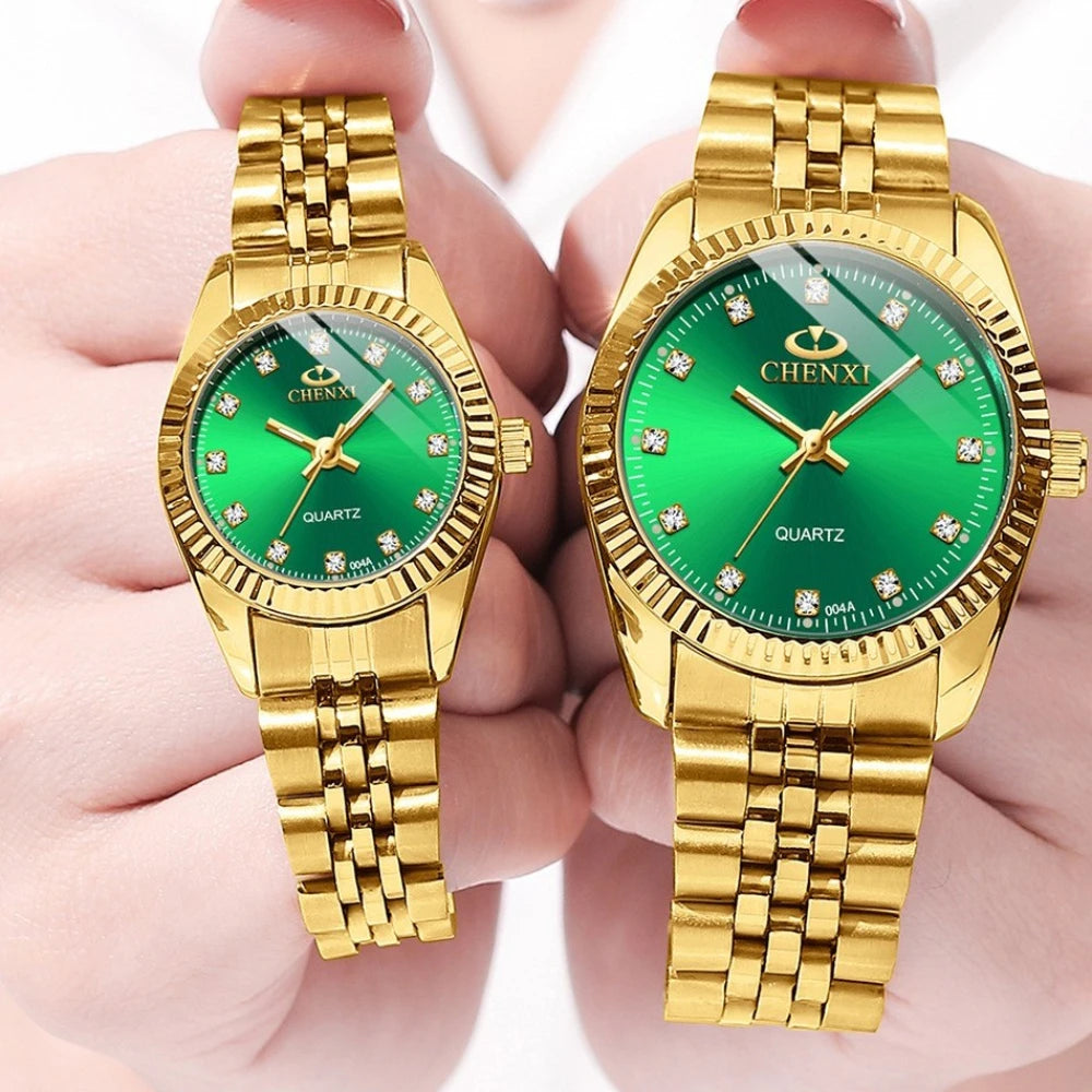 CHENghts-Montre de couple à quartz en acier inoxydable doré pour femme, horloge de luxe