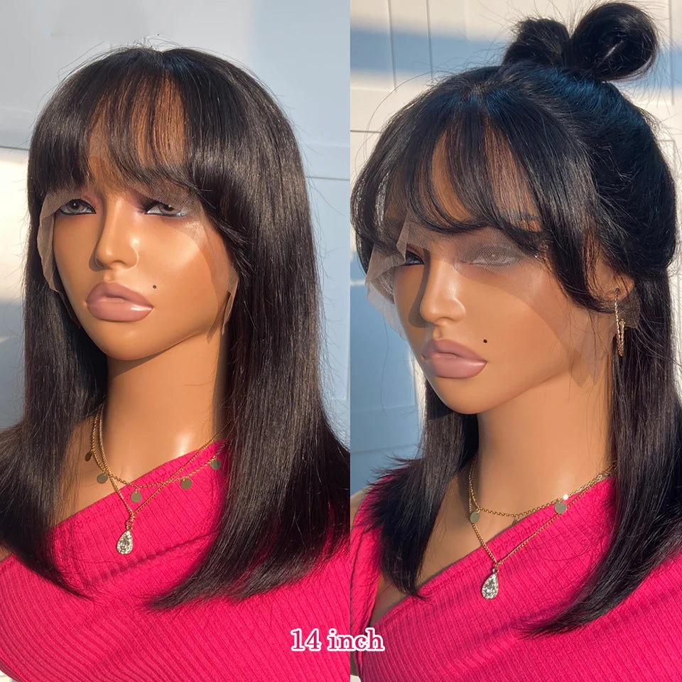 Perruque Bob Lace Front Wig naturelle péruvienne, cheveux courts et lisses, avec frange, cheveux Remy brésiliens, partie facile, pour femmes