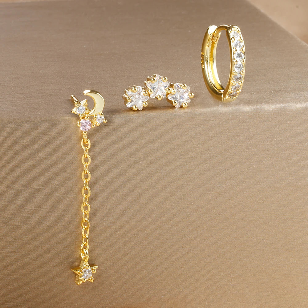 3 pièces de luxe étoile pendentif Piercing boucles d'oreilles ensemble pour les femmes en acier inoxydable Zircon Punk clous d'oreille boucle d'oreille dame bijoux aretes