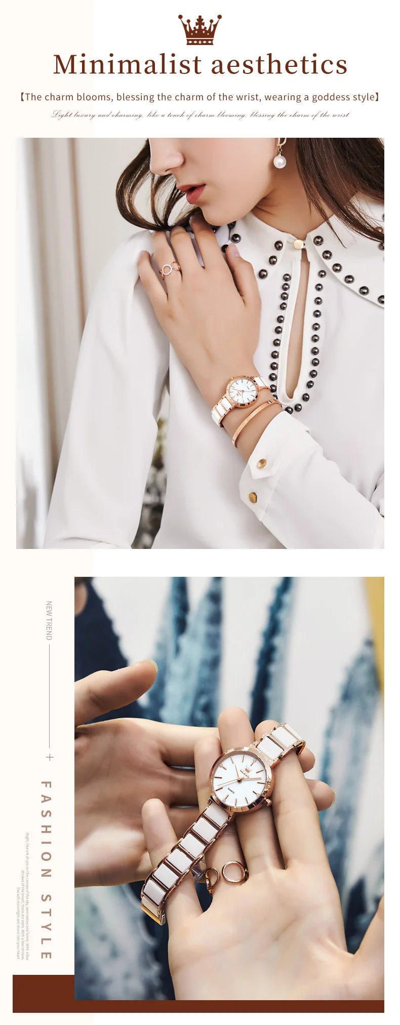 OLEVS-Montre-bracelet de luxe en or rose pour femme, montre-bracelet à quartz pour femme, horloge à bracelet en céramique, mode féminine